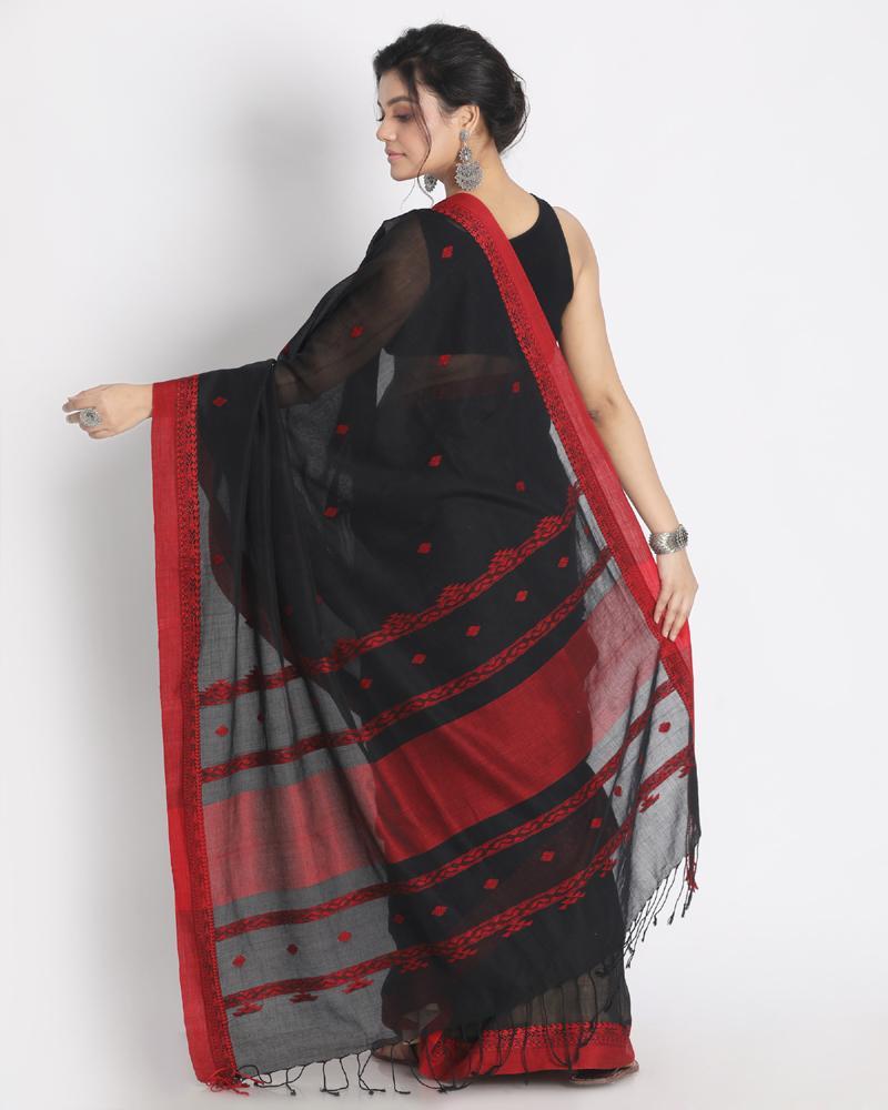 Women's Red Jecquard Work Border black Cotton Saree