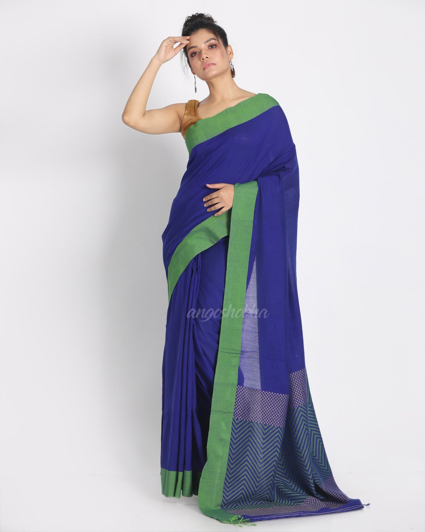 Women's Bengal blue handwoven mulmul cotton saree