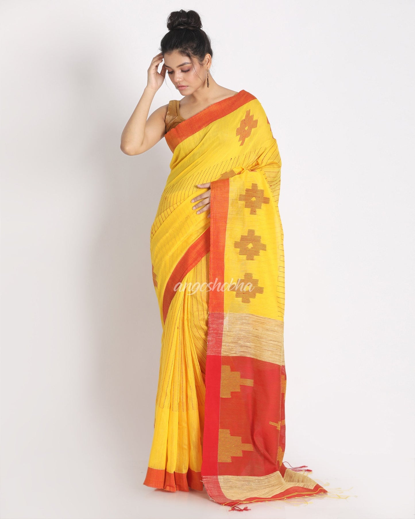 Women's All Over Katha Work Yellow Handloom Blended Cotton Saree