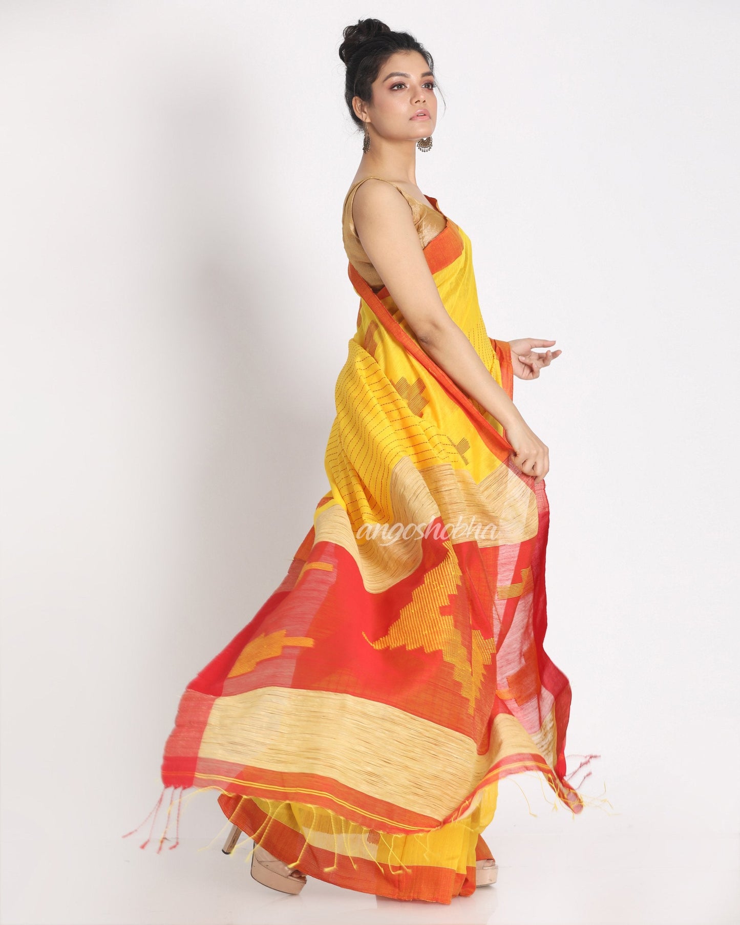 Women's All Over Katha Work Yellow Handloom Blended Cotton Saree