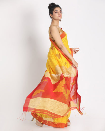 Women's All Over Katha Work Yellow Handloom Blended Cotton Saree