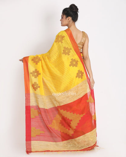 Women's All Over Katha Work Yellow Handloom Blended Cotton Saree