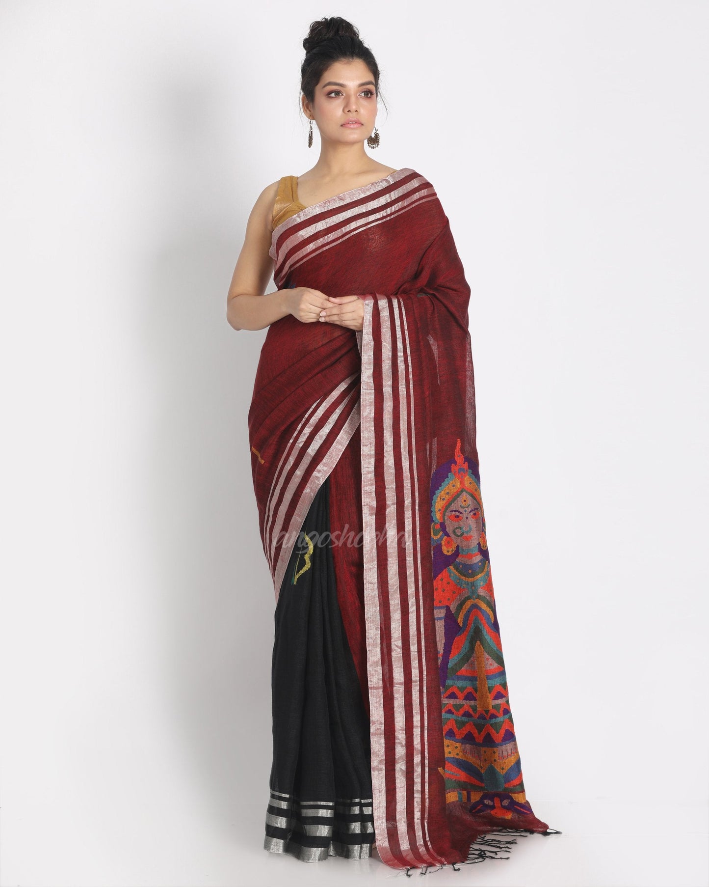 Women's Maroon Black Half & Half Linen Saree Hand Weaving Durga Pallu