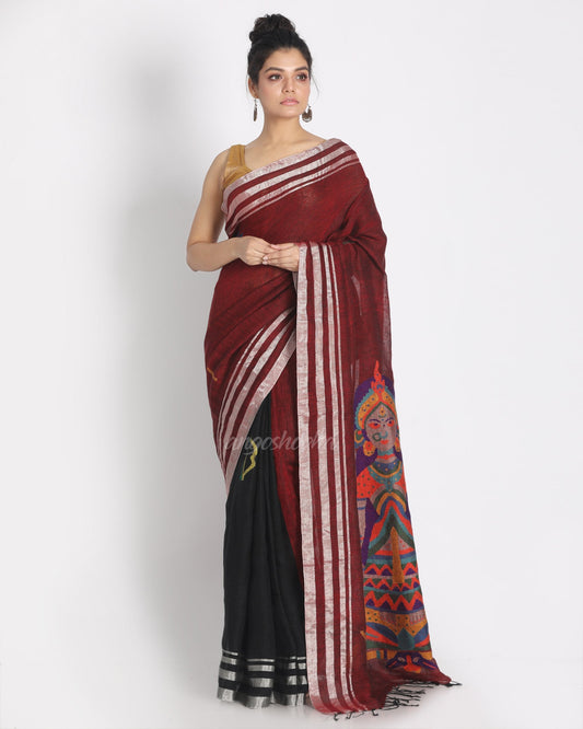 Women's Maroon Black Half & Half Linen Saree Hand Weaving Durga Pallu