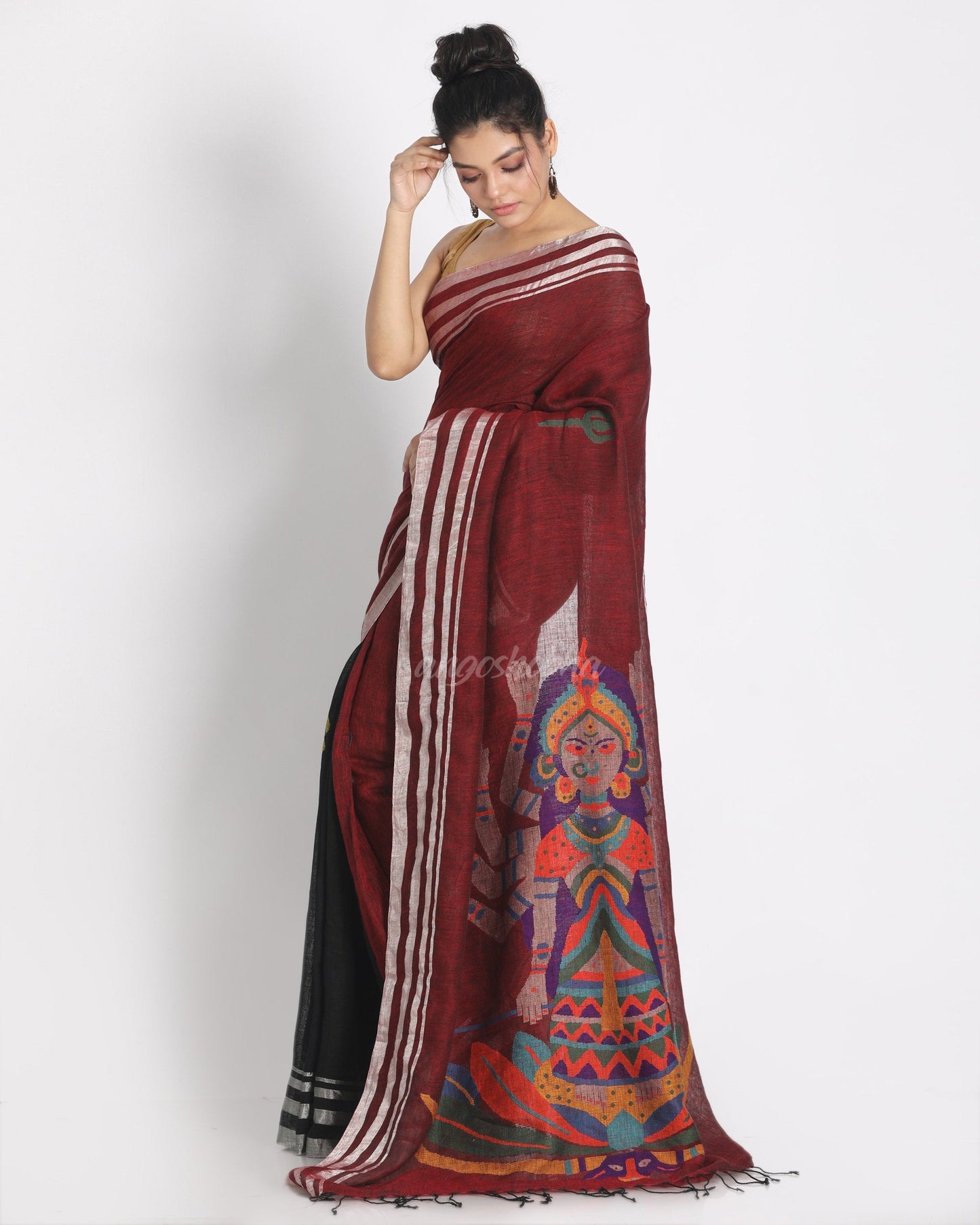 Women's Maroon Black Half & Half Linen Saree Hand Weaving Durga Pallu