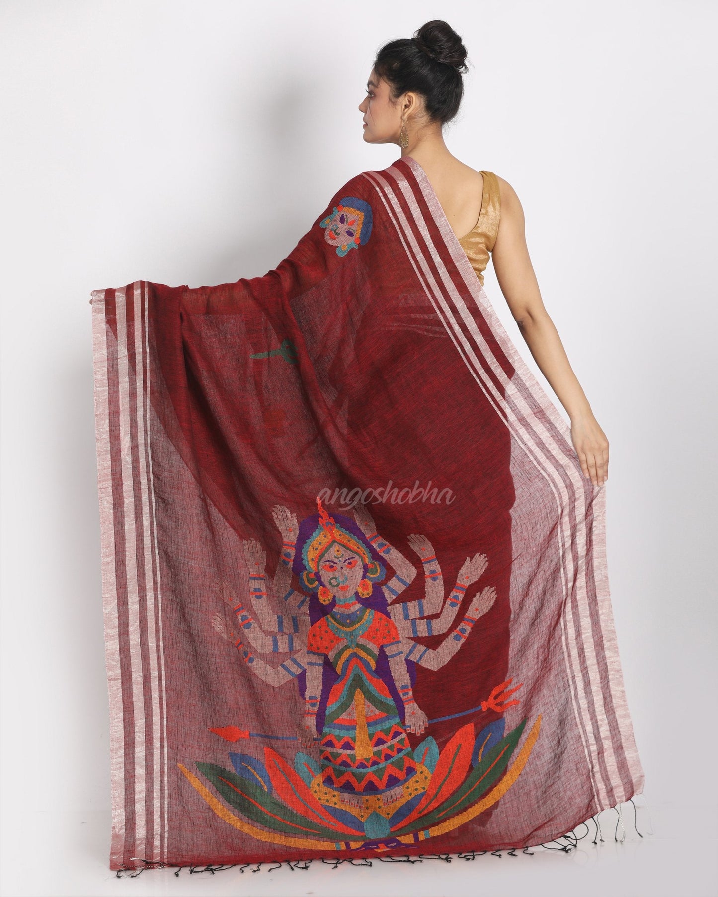 Women's Maroon Black Half & Half Linen Saree Hand Weaving Durga Pallu