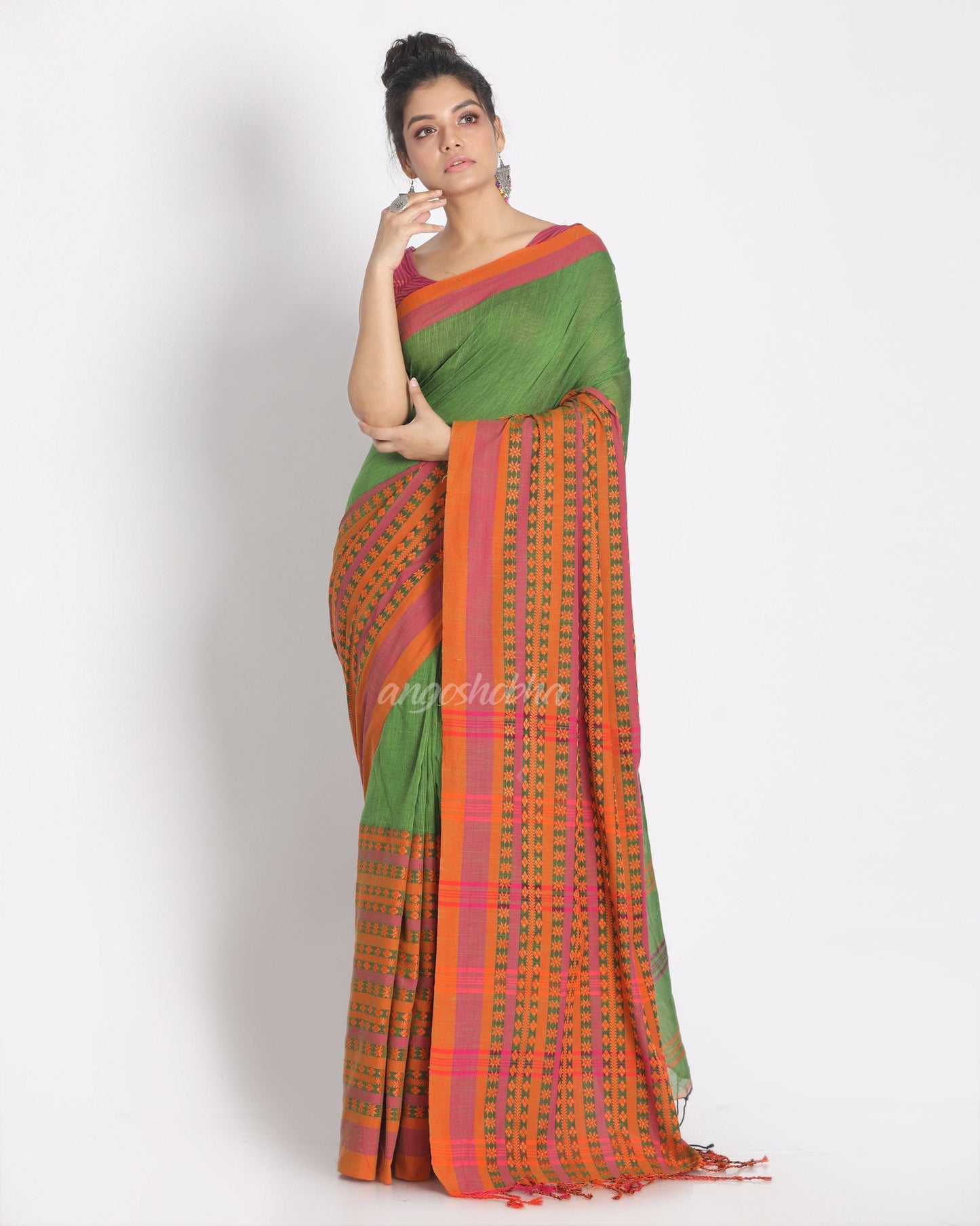 Women's Pea Green Begampuri Organic Cotton Saree