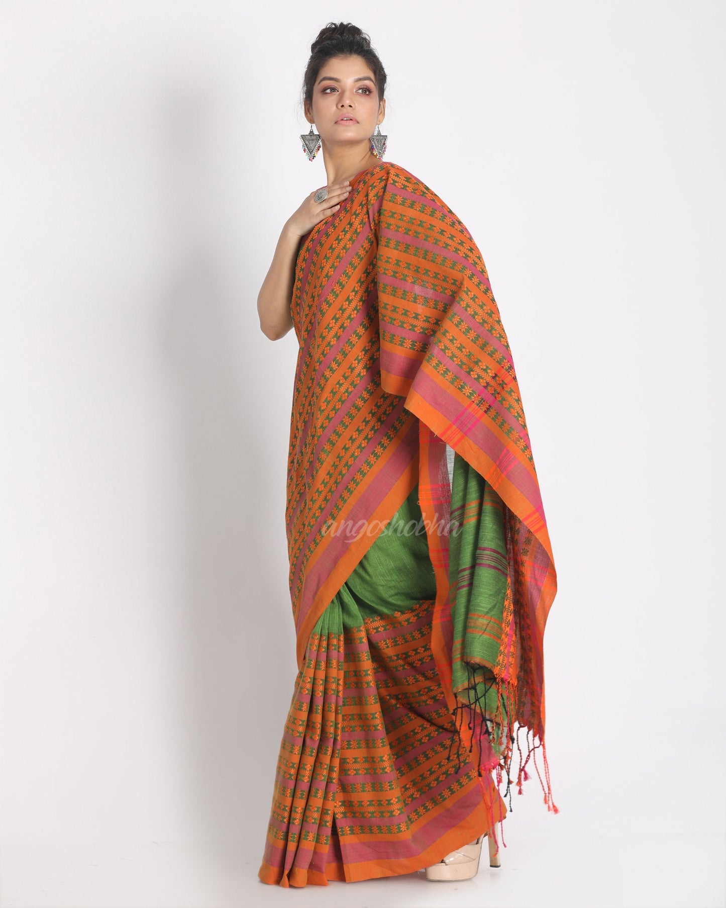 Women's Pea Green Begampuri Organic Cotton Saree