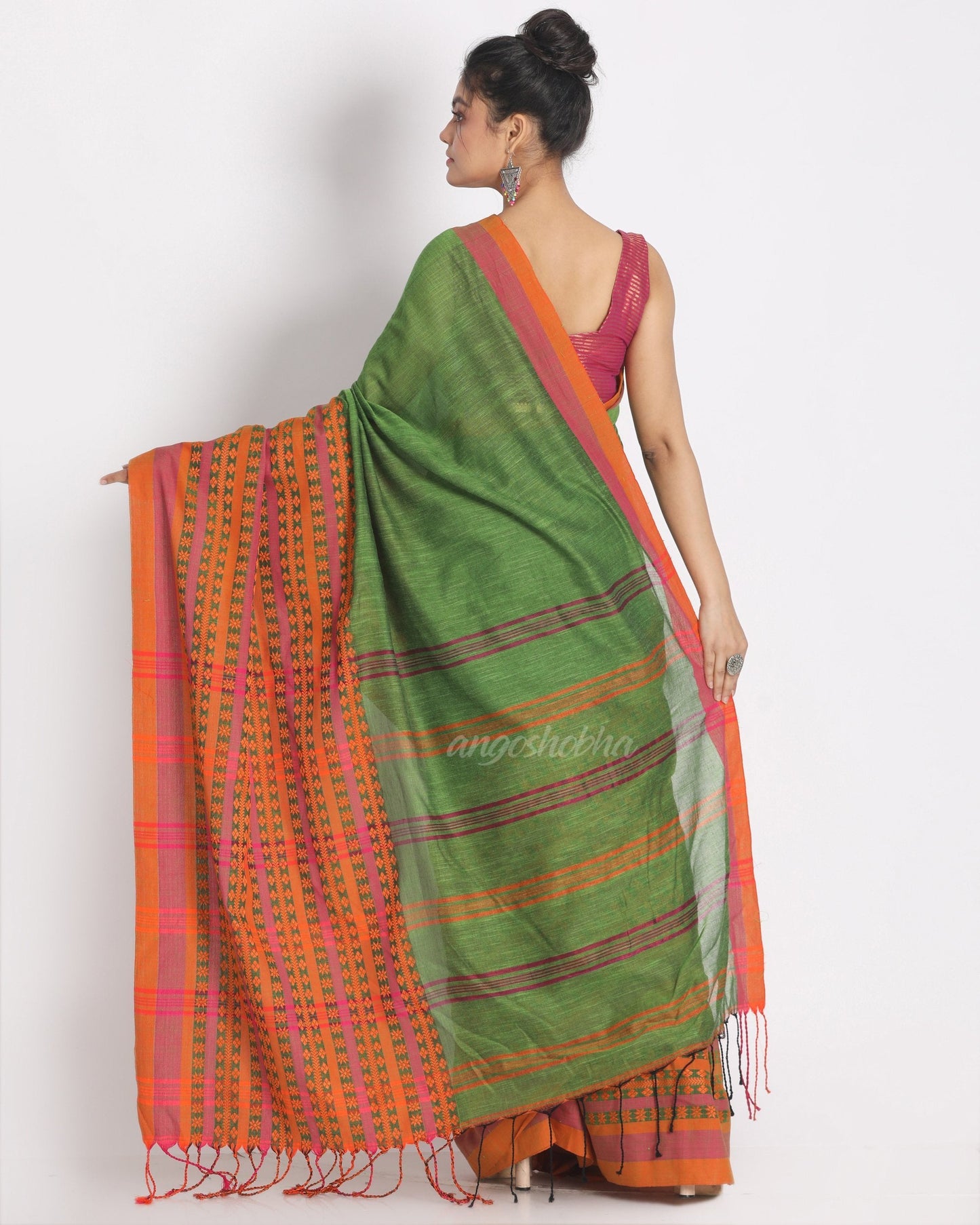 Women's Pea Green Begampuri Organic Cotton Saree