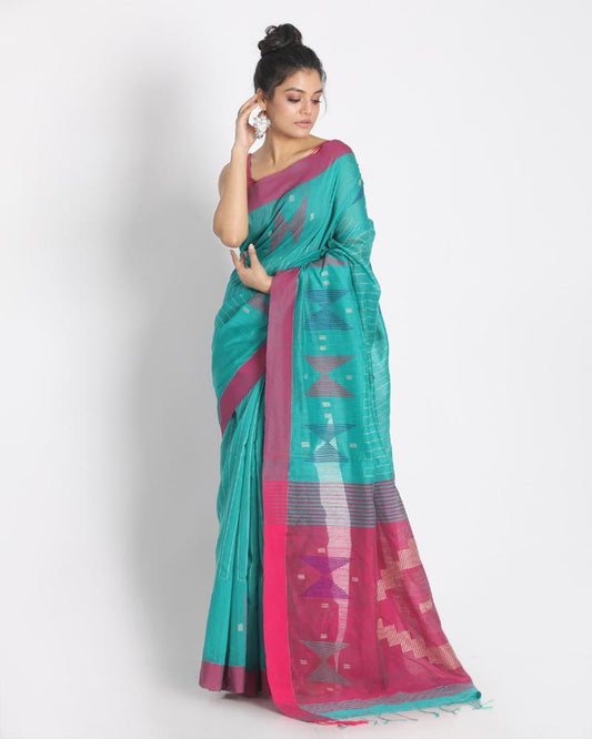 Women's All Over Katha Work Teal Handloom Blended Cotton Saree