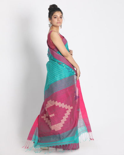 Women's All Over Katha Work Teal Handloom Blended Cotton Saree