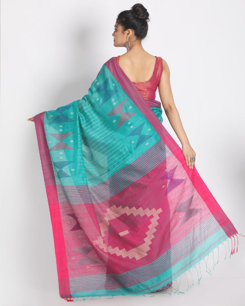 Women's All Over Katha Work Teal Handloom Blended Cotton Saree