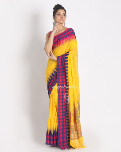 Women's Temple Design Cotton Yellow Handloom Saree Geometric Work Pallu