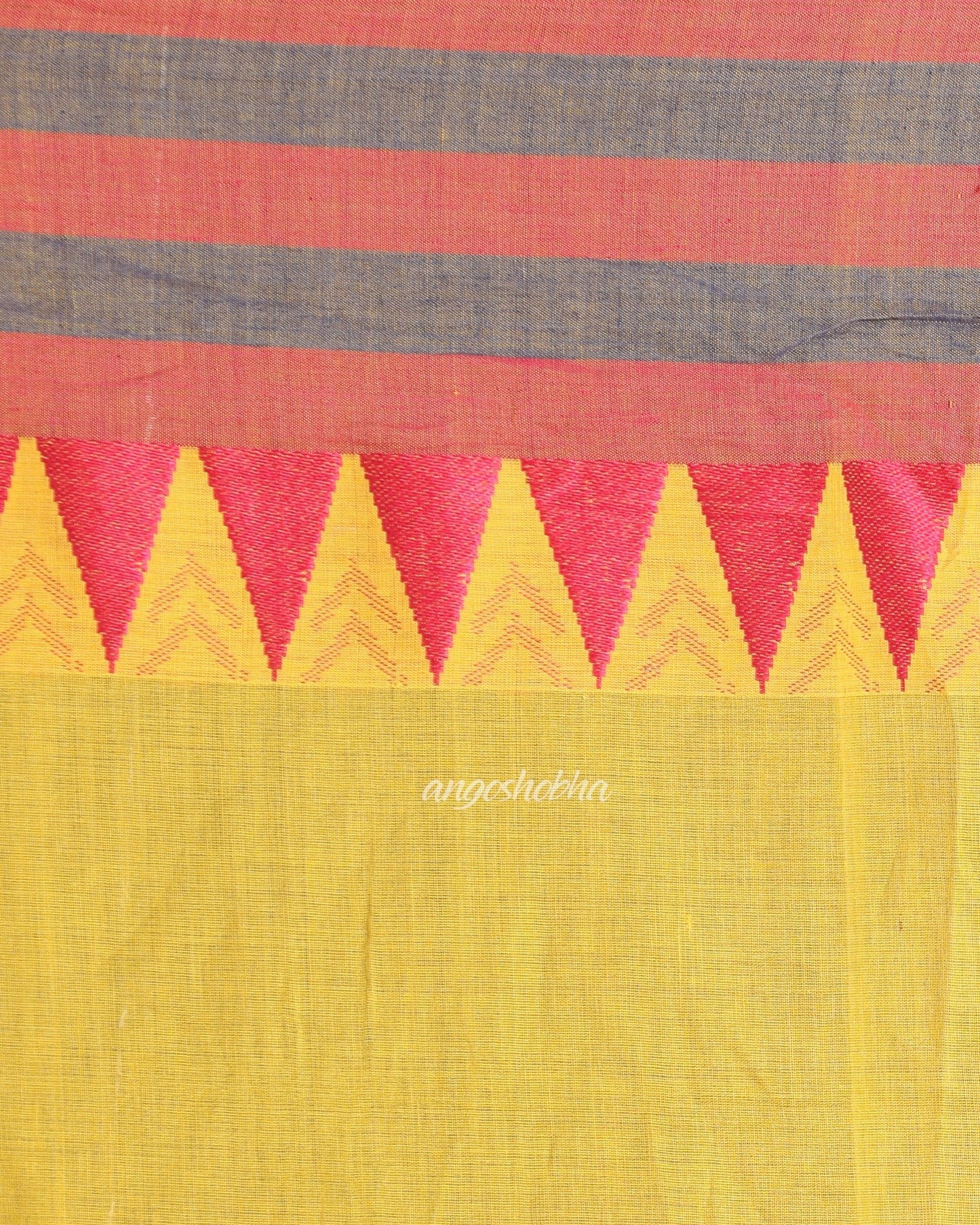 Women's Temple Design Cotton Yellow Handloom Saree Geometric Work Pallu