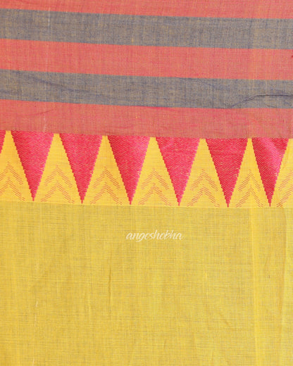Women's Temple Design Cotton Yellow Handloom Saree Geometric Work Pallu
