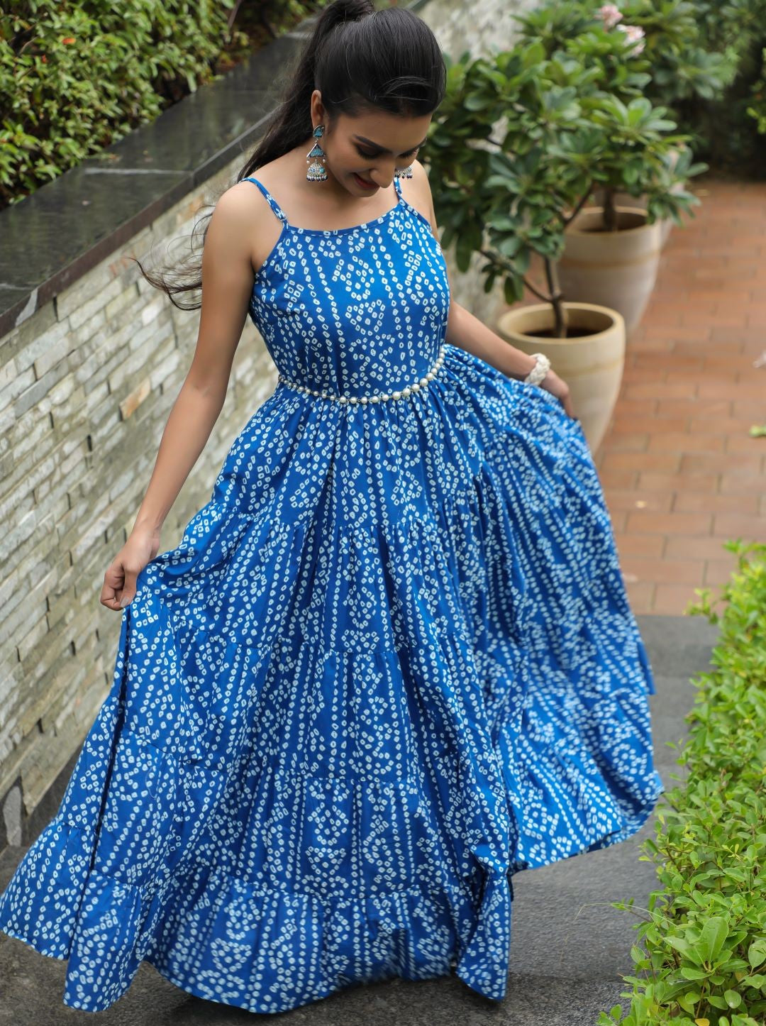 Women's Blue Bandhani Print Tiered Maxi Dress