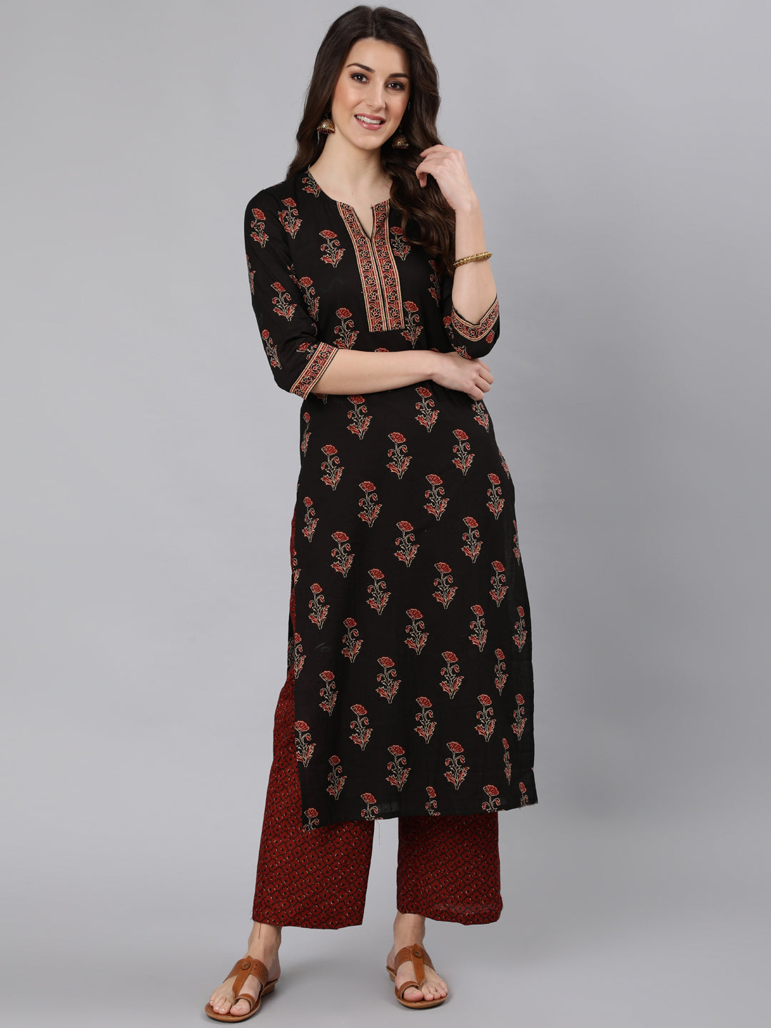 Women's Black Ethnic Printed Straight Kurta