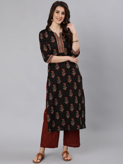 Women's Black Ethnic Printed Straight Kurta
