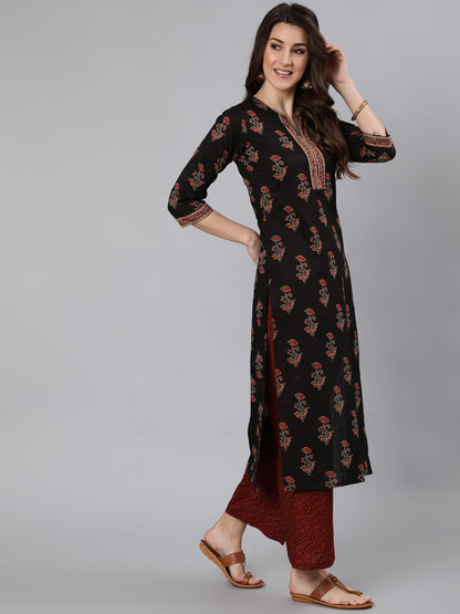 Women's Black Ethnic Printed Straight Kurta