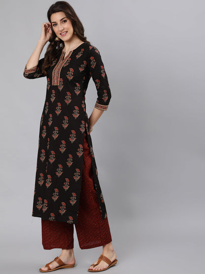 Women's Black Ethnic Printed Straight Kurta