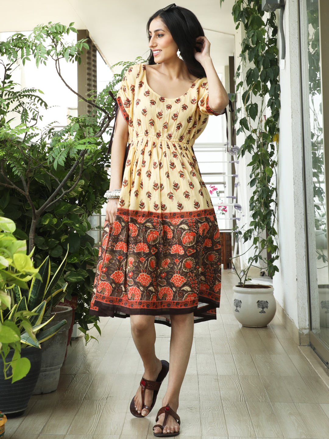Women's Cream Floral Print Skater Dress
