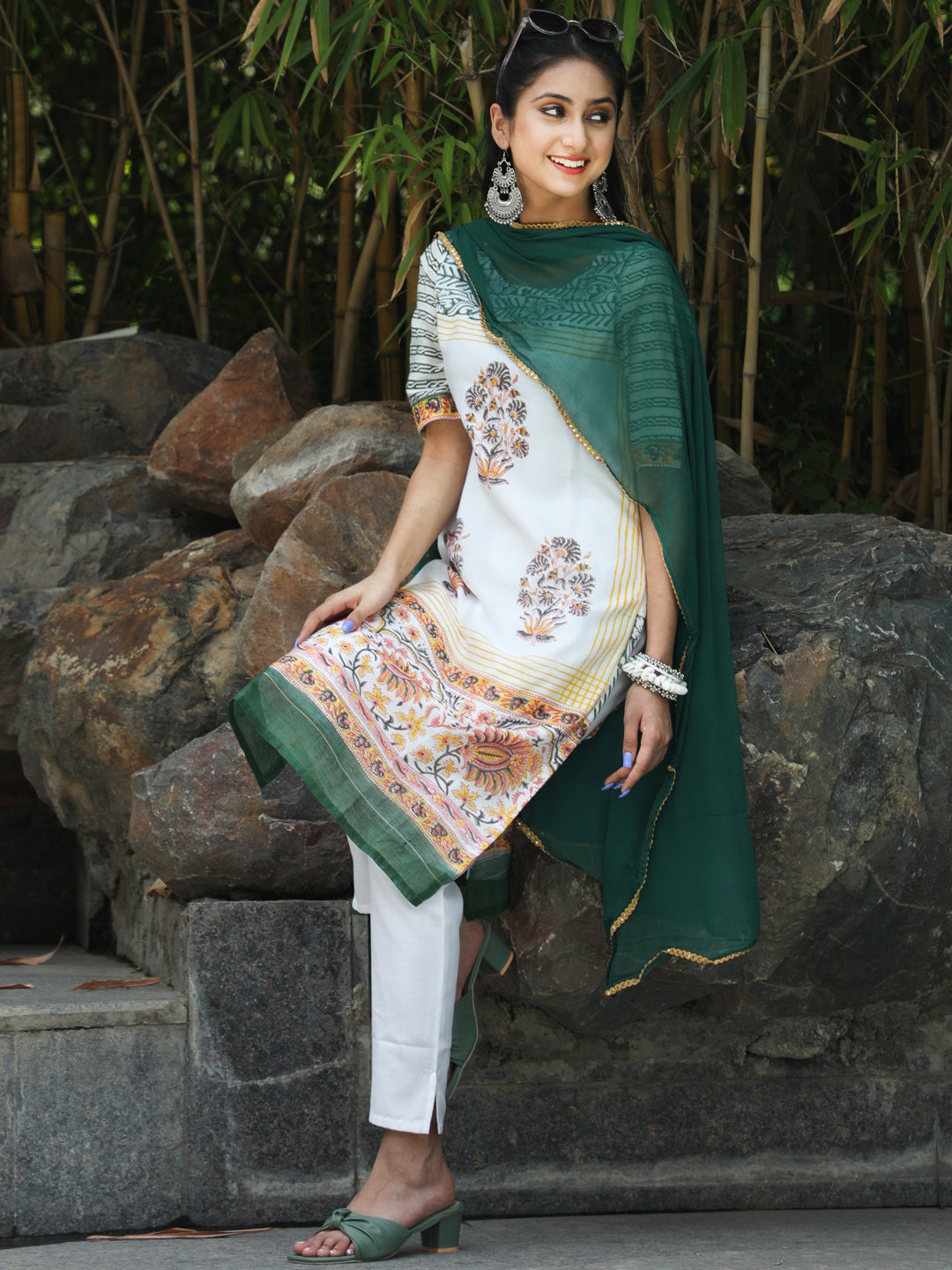Women's White Block Printed Kurta Set