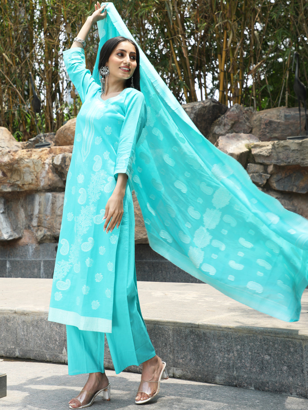 Women's Turquoise Blue Cotton Jacquard Kurta Set With Dupatta