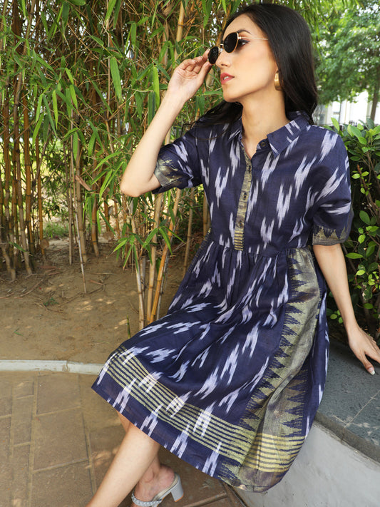 Women's Navy Blue Ikat Skater Dress