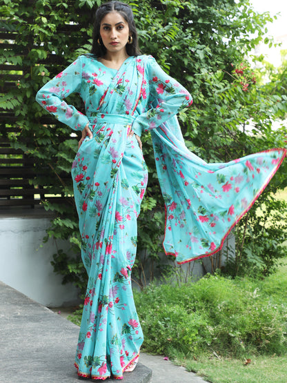 Women's Green Floral Print Saree With Blouse Piece