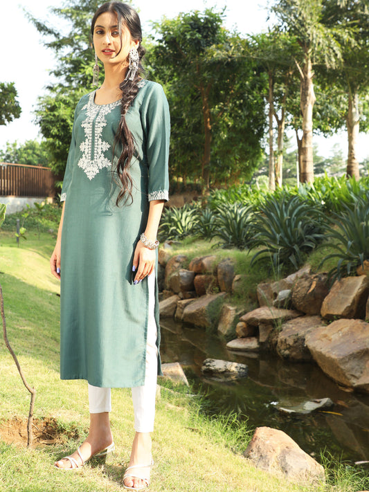 Women's Blue Embroidered Straight Kurta