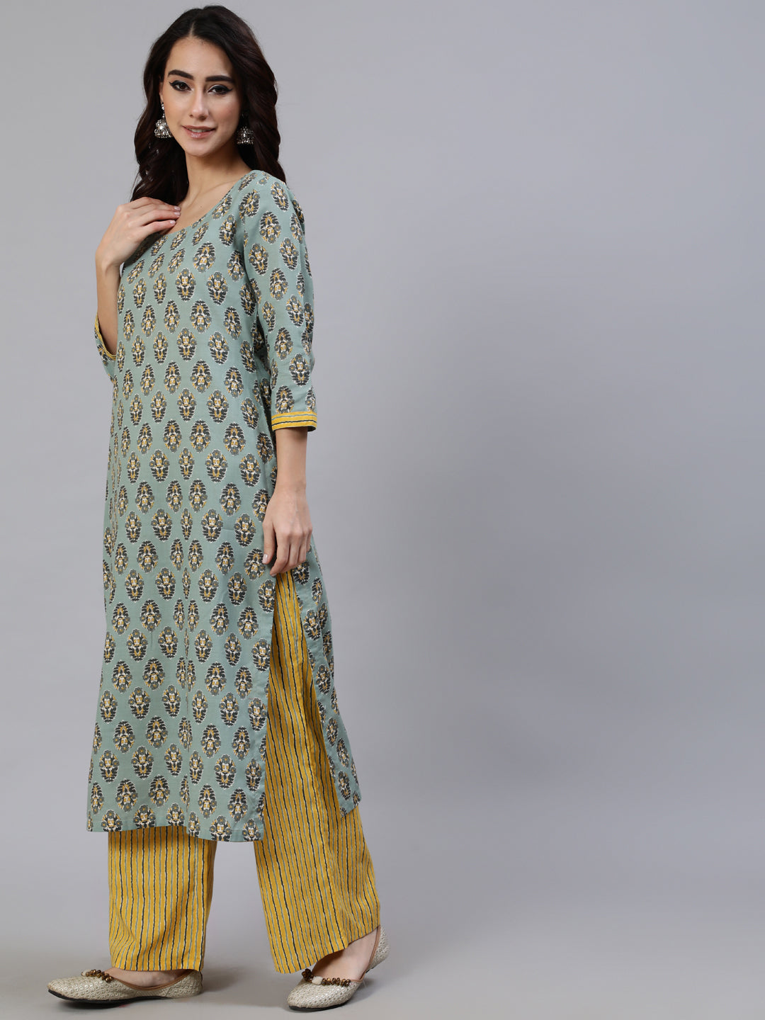 Women's Green Printed Kurta Palazzo With Dupatta
