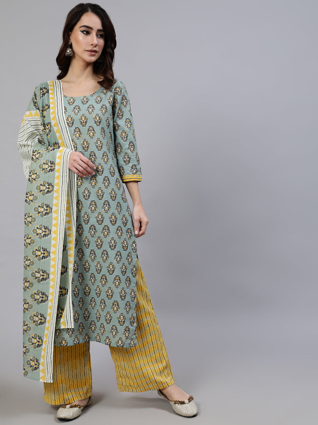 Women's Green Printed Kurta Palazzo With Dupatta