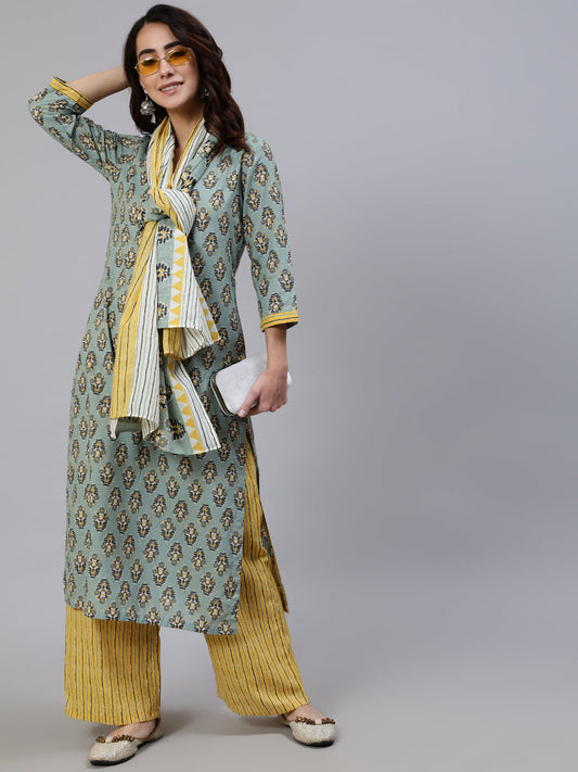 Women's Green Printed Kurta Palazzo With Dupatta