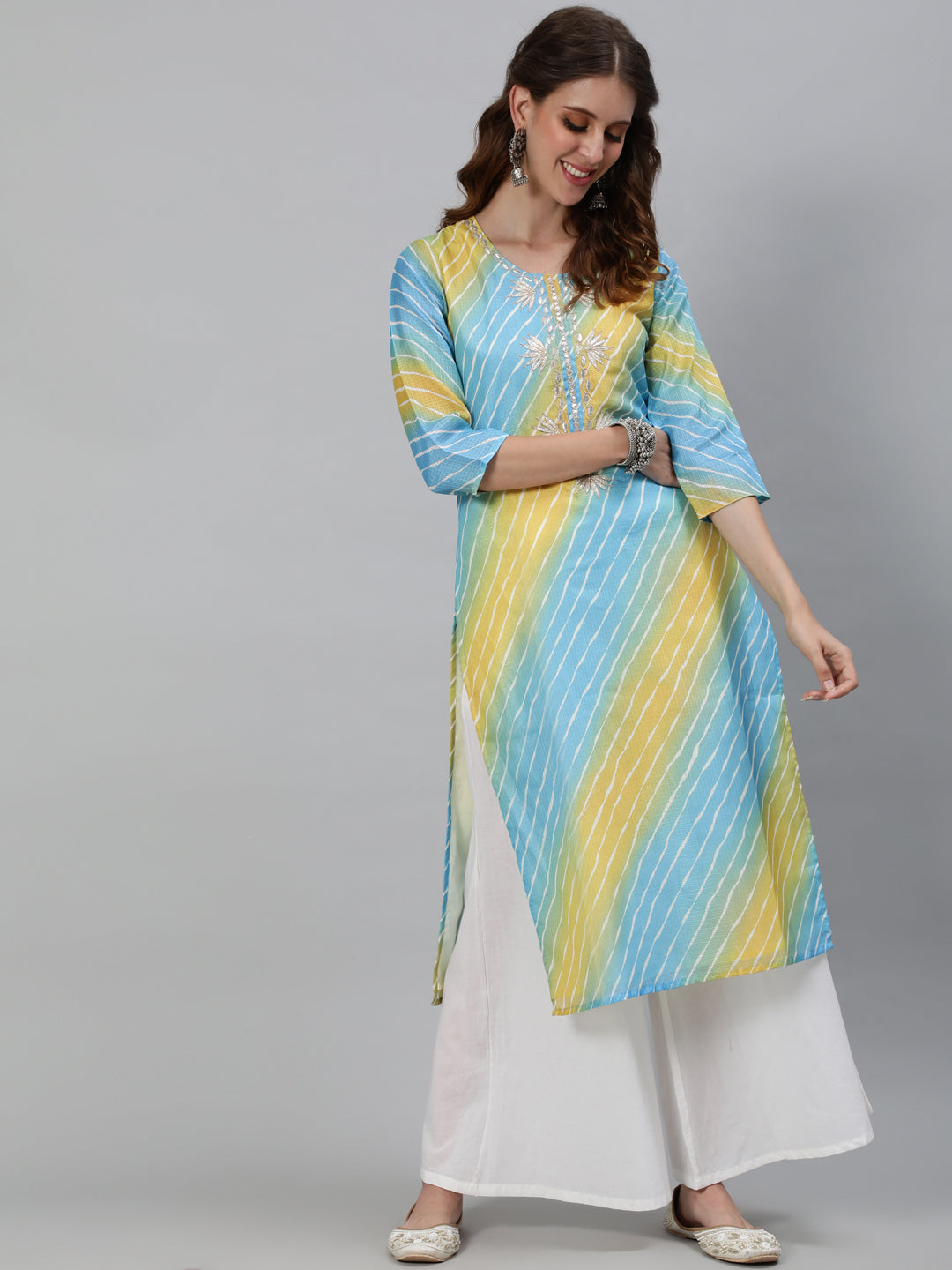 Women's Blue Leheriya Print Yoke Embroidered Kurta