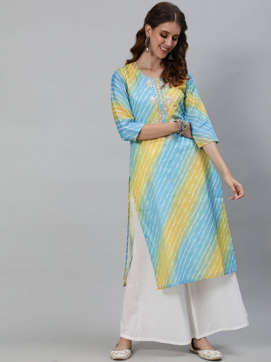 Women's Blue Leheriya Print Yoke Embroidered Kurta