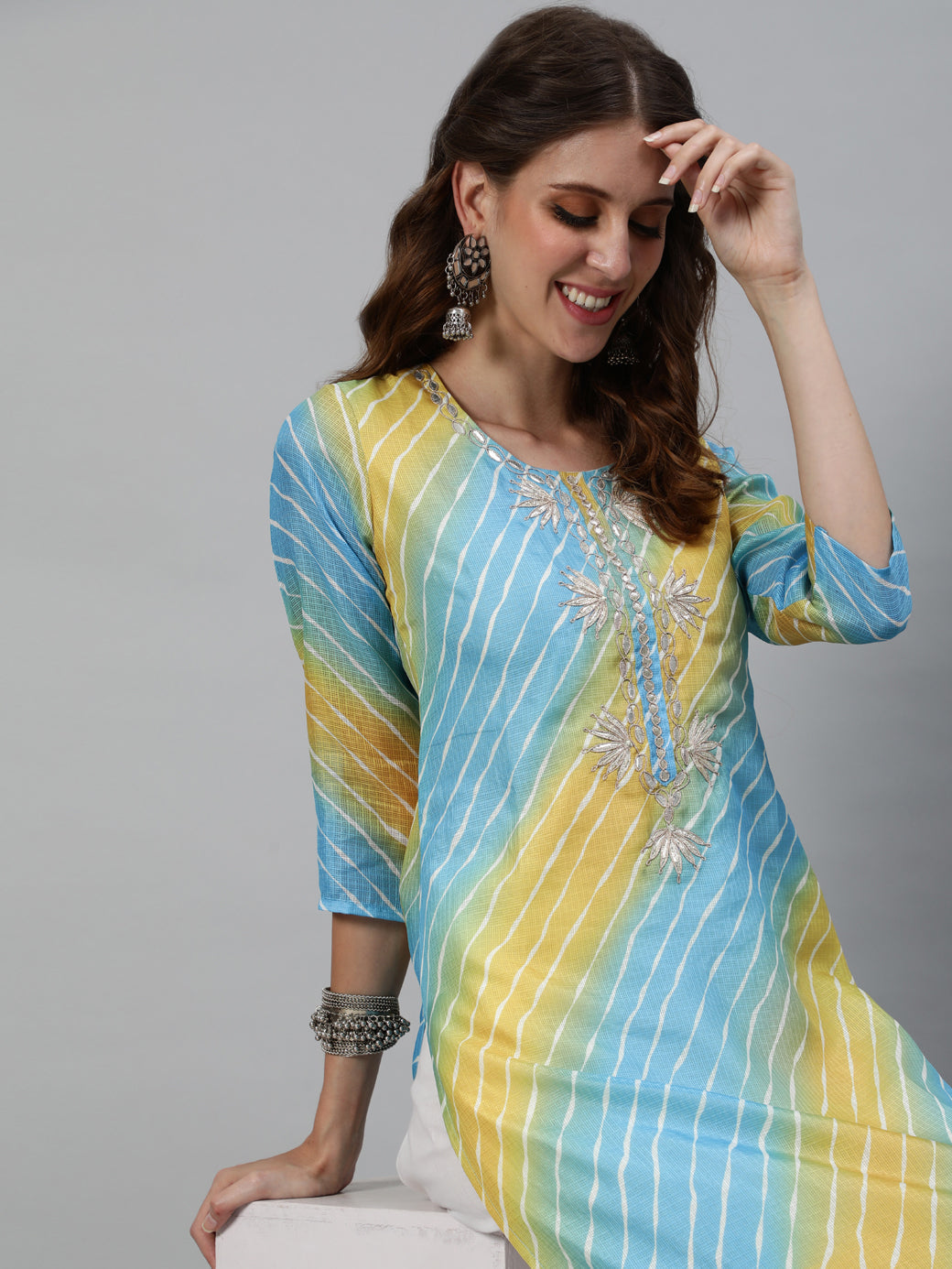 Women's Blue Leheriya Print Yoke Embroidered Kurta