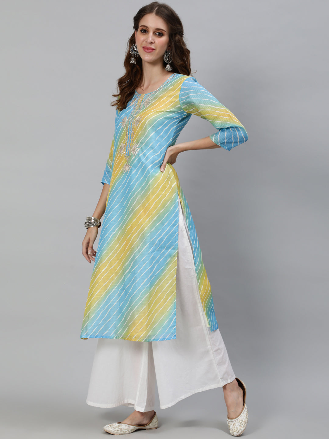 Women's Blue Leheriya Print Yoke Embroidered Kurta