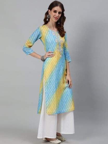 Women's Blue Leheriya Print Yoke Embroidered Kurta