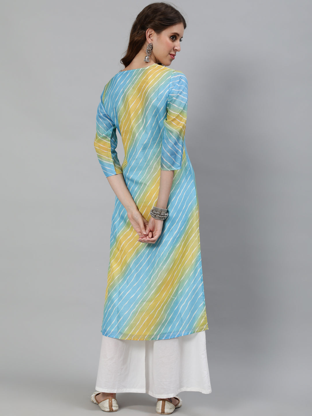 Women's Blue Leheriya Print Yoke Embroidered Kurta