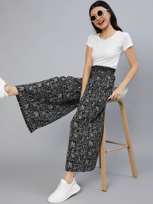Women's Black Printed Wide Legged Printed Plazo With Side Pockets