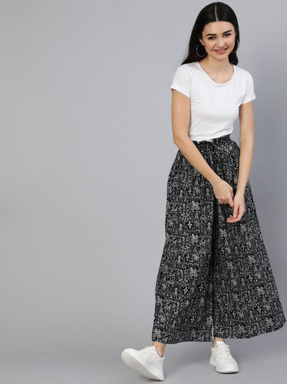 Women's Black Printed Wide Legged Printed Plazo With Side Pockets - N