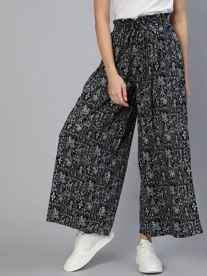Women's Black Printed Wide Legged Printed Plazo With Side Pockets - N