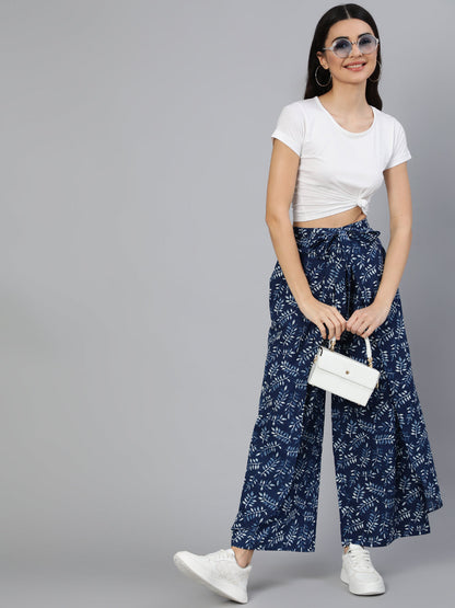 Women's Blue Printed Plazo With Side Pockets