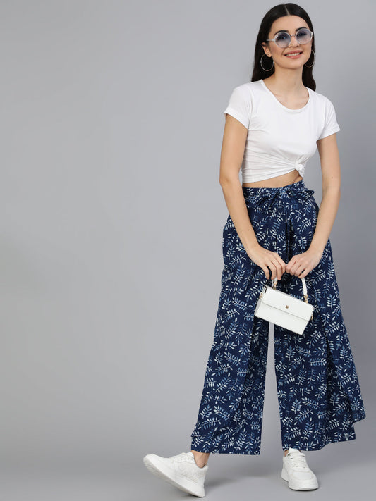 Women's Blue Printed Plazo With Side Pockets
