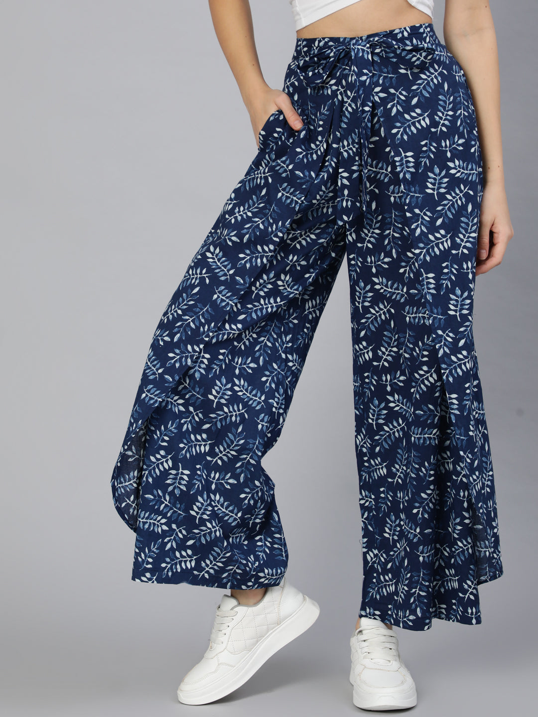 Women's Blue Printed Plazo With Side Pockets