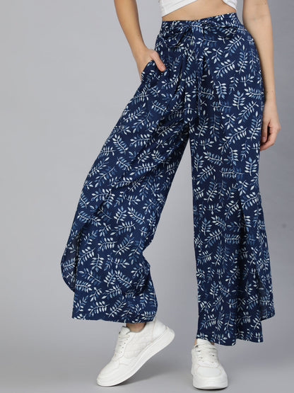 Women's Blue Printed Plazo With Side Pockets