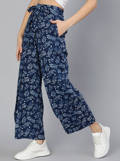Women's Blue Printed Plazo With Side Pockets