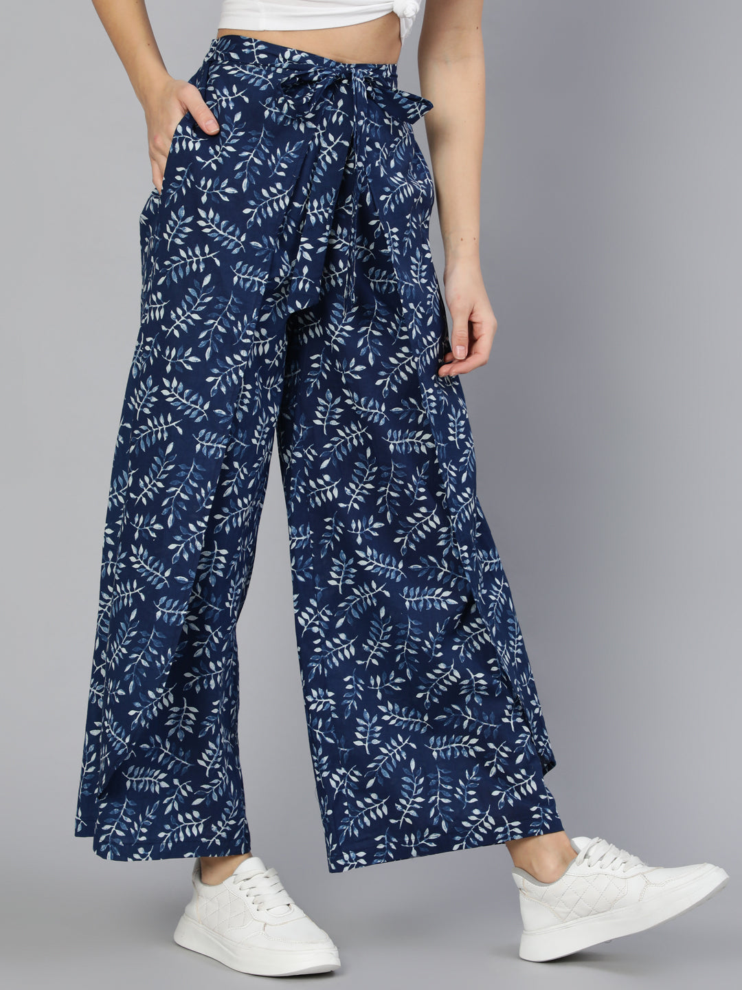 Women's Blue Printed Plazo With Side Pockets