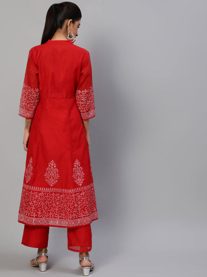 Women's Red Block Print Anarkali