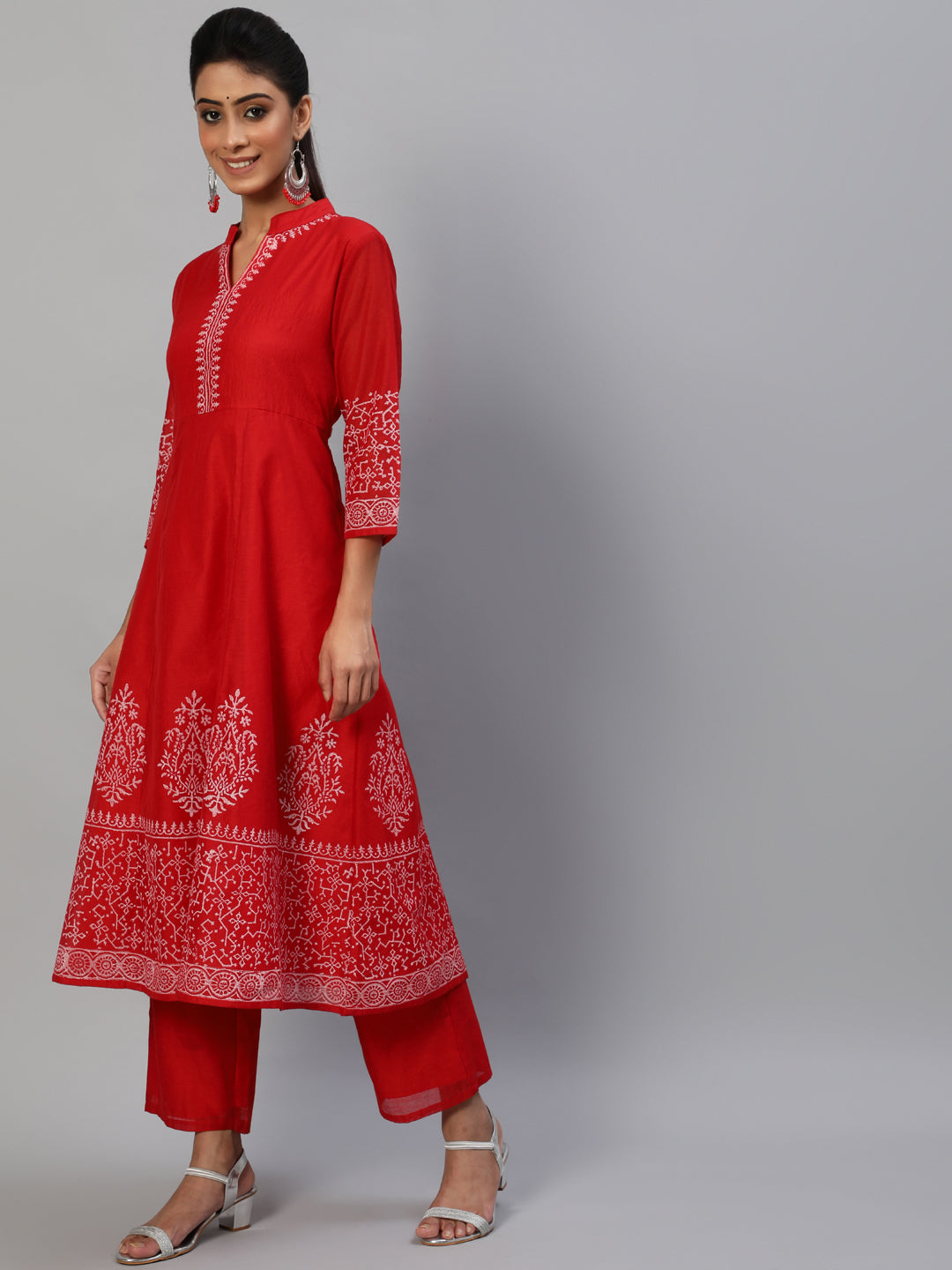 Women's Red Block Print Anarkali